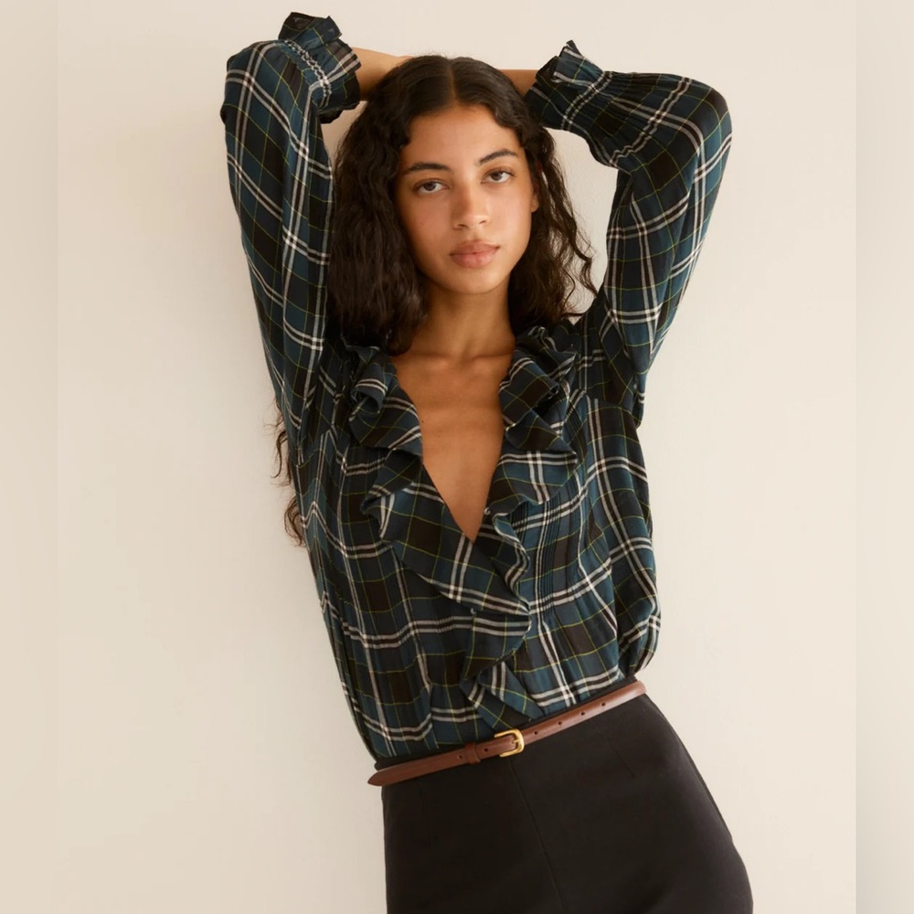 Doen Plaid Ruffle Blouse in Green and Blue